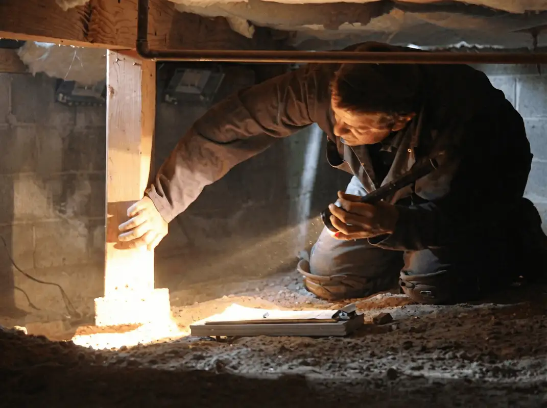 A professional inspecting wooden beams under the floor of a structure in Boston, MA
